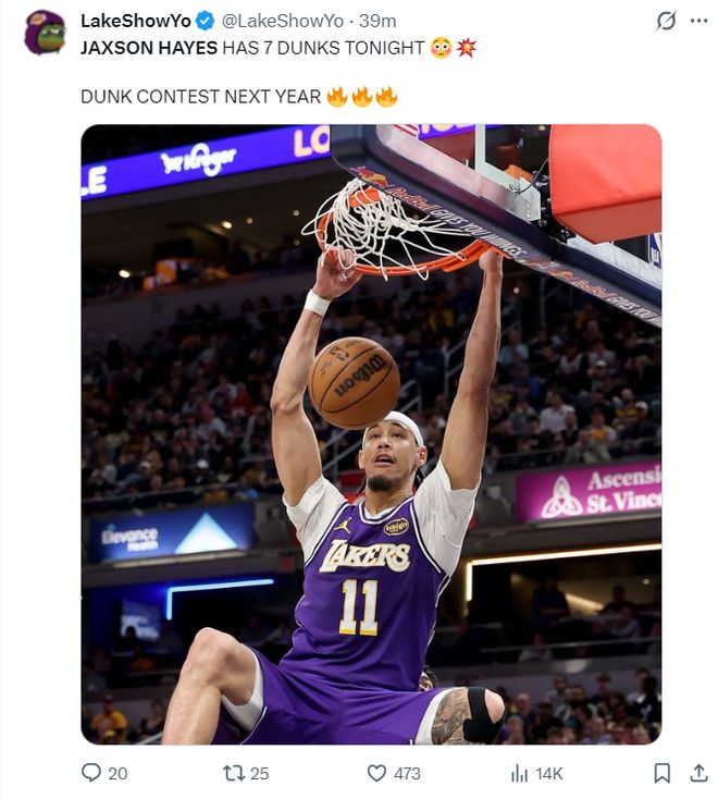 湖人终结六连客海斯20+10创队史纪录