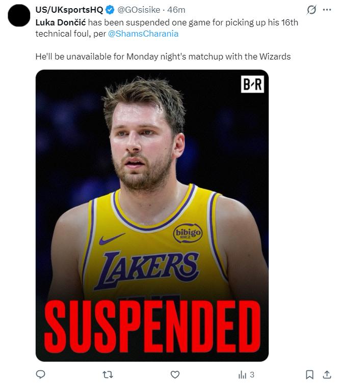 东契奇禁赛湖人迎战奇才