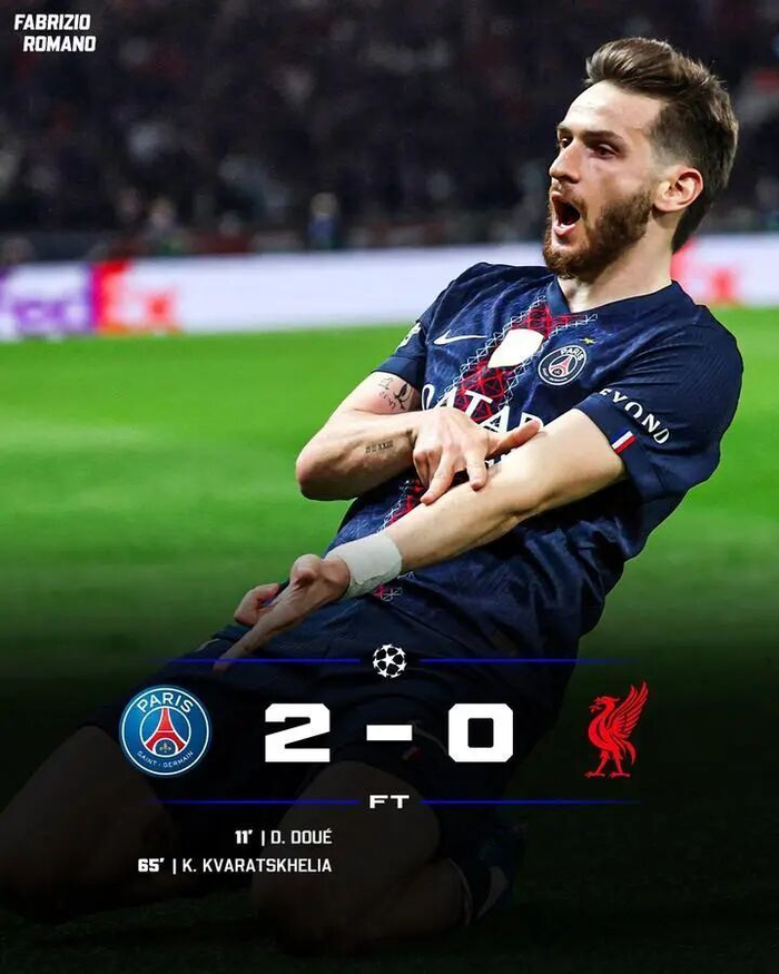 巴黎圣日耳曼以压倒性控球优势完胜利物浦